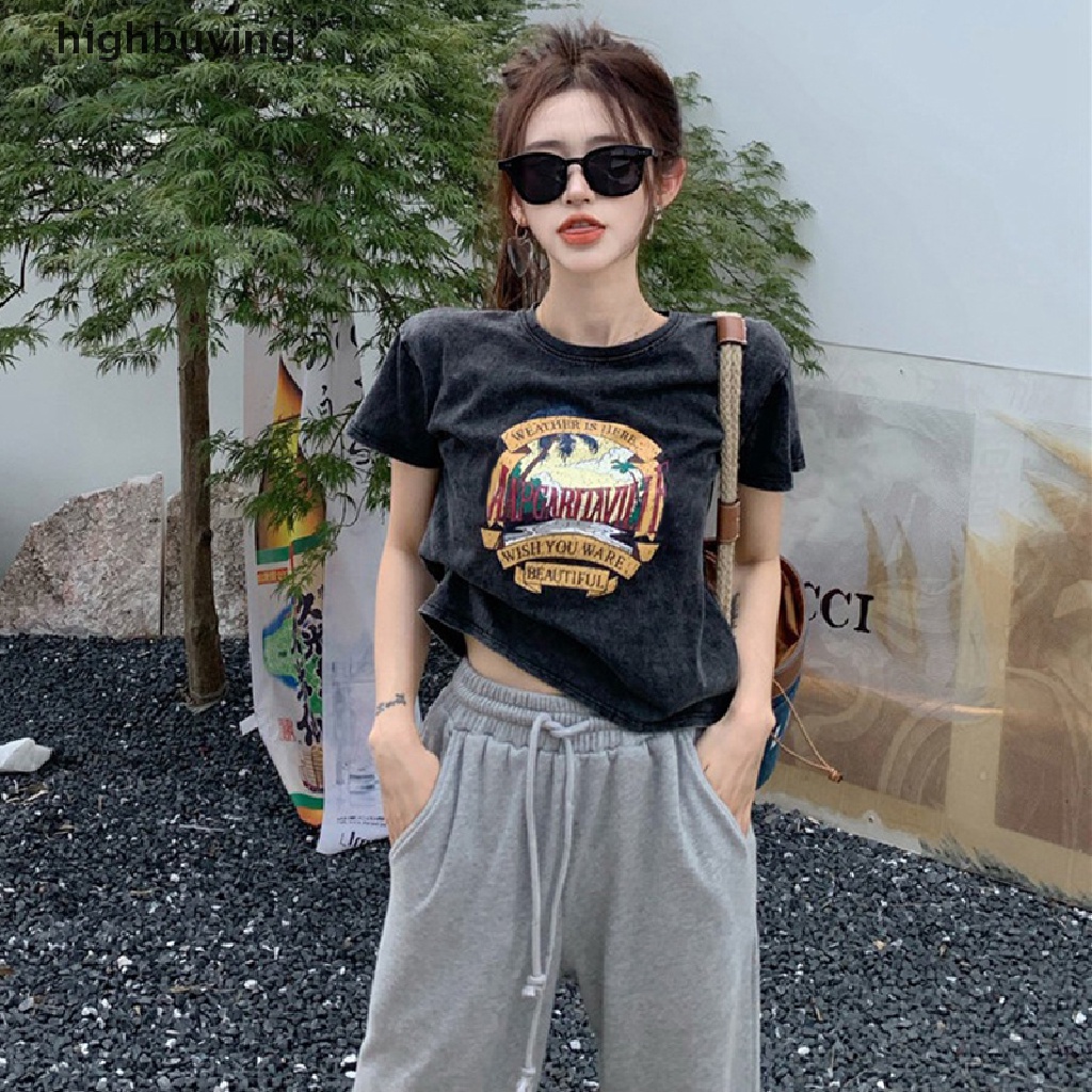 Áo Thun Croptop Tay Ngắn Cổ Tròn Dáng Rộng In Họa Tiết Kiểu Retro Mỹ Xinh Xắn Cho Nữ