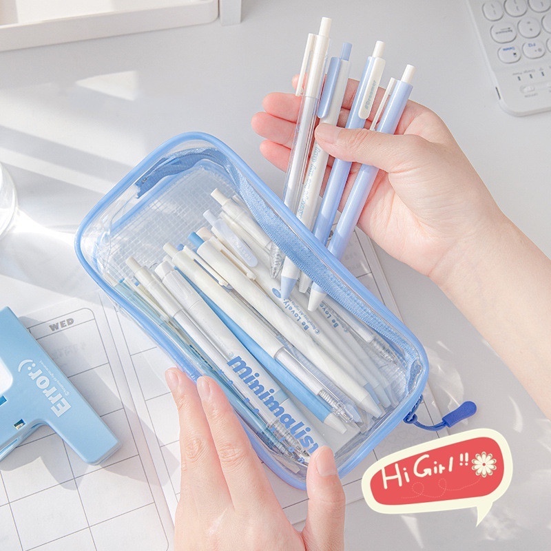 Túi Lưới Đựng Bút Bằng PVC Trong Suốt Chống Nước Sức Chứa Lớn Có Khóa Kéo Cho Học Sinh