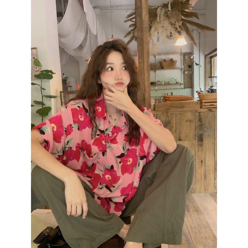 Áo Sơ Mi Đi Biển Tay Ngắn Dáng Rộng In Hoa Kiểu vintage Hồng Kông Thời Trang Mùa Hè Cho Nữ
