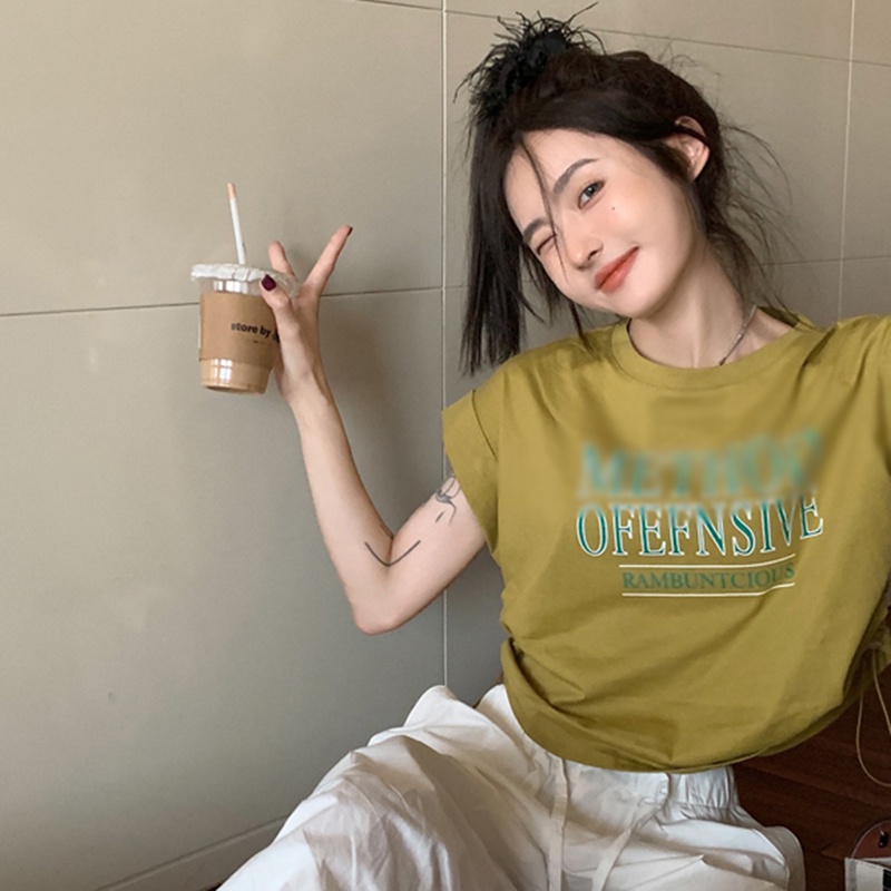 IELGY  Áo Thun Xám Tay Ngắn Phối Dây Rút In Họa Tiết Thời Trang Cho Nữ