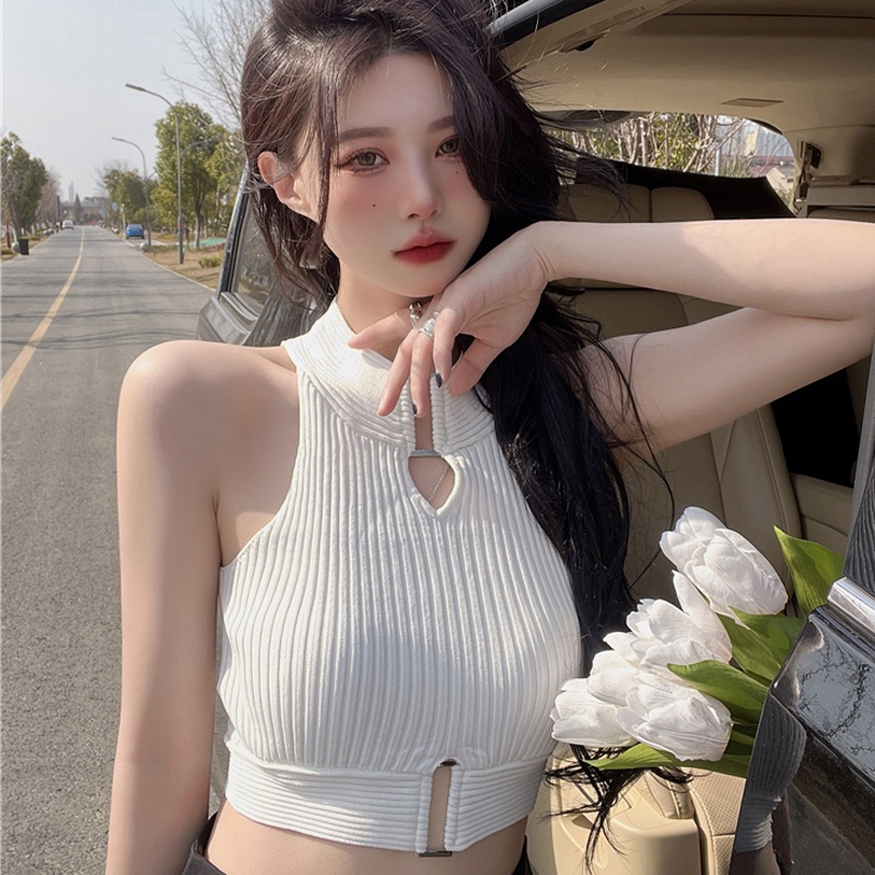 Áo Dệt Kim Sát Nách Dáng Ngắn Khoét Cổ Thời Trang Mùa Hè Quyến Rũ Cho Nữ