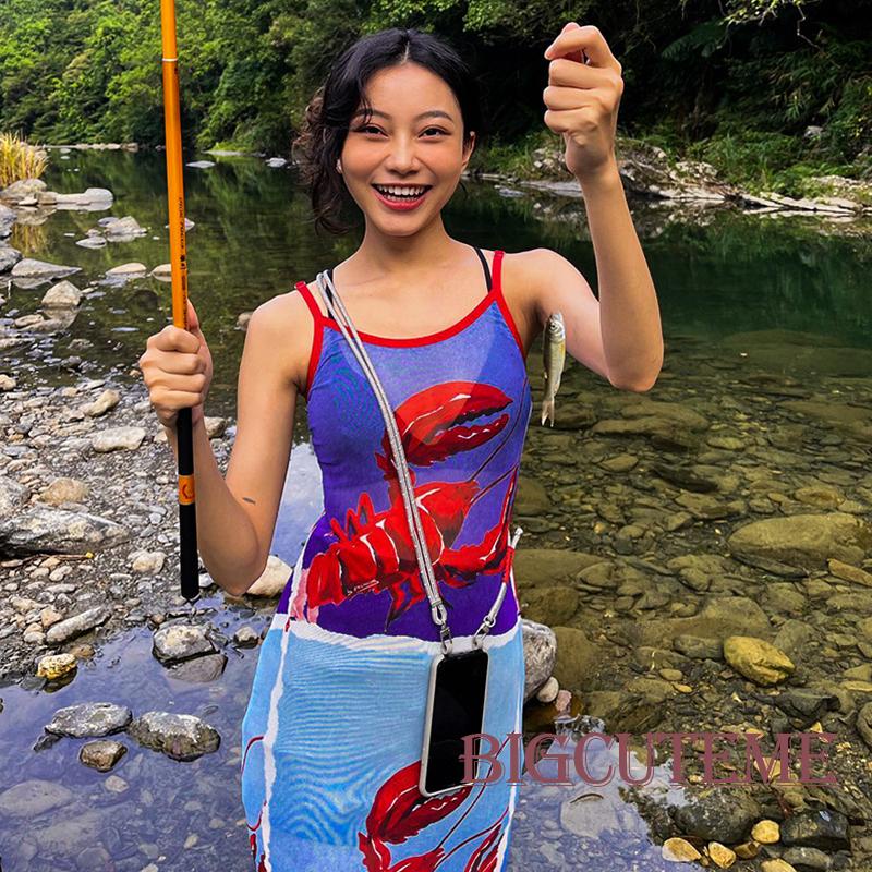 [] - Đầm Dài Không Tay Hở Lưng Dáng Ôm In Hình Tôm Hùm Mùa Hè Cho Nữ