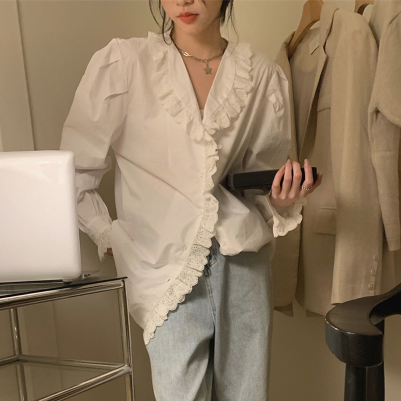 IELGY   Áo Sơ Mi Tay Dài Phối Ren Thời Trang Dành Cho Nữ