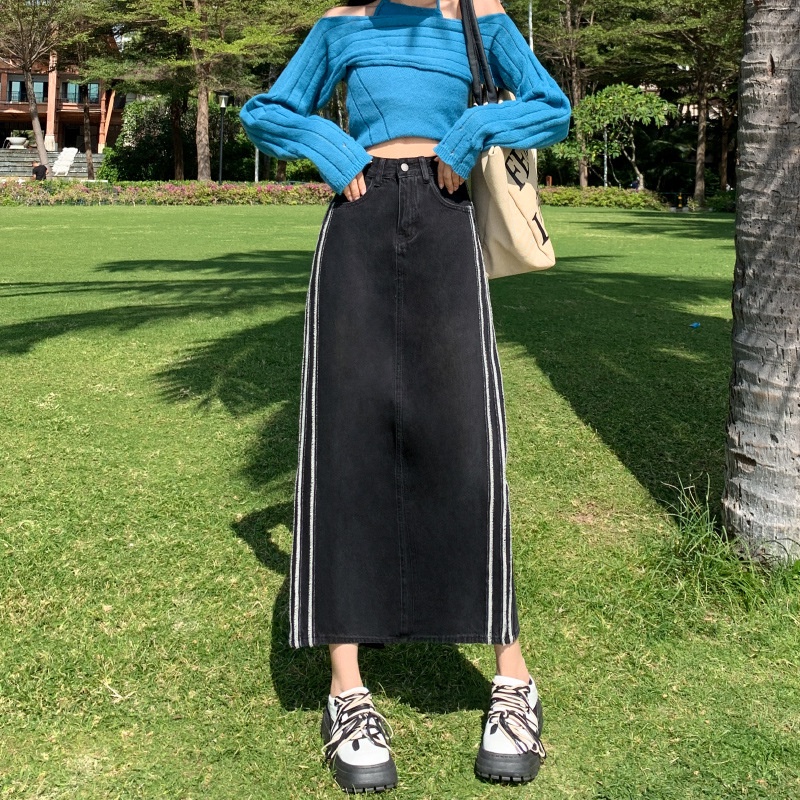 High waist denim skirt for women 2023 retro A- line mid-length slimming contrast color split hip skirt DKRR