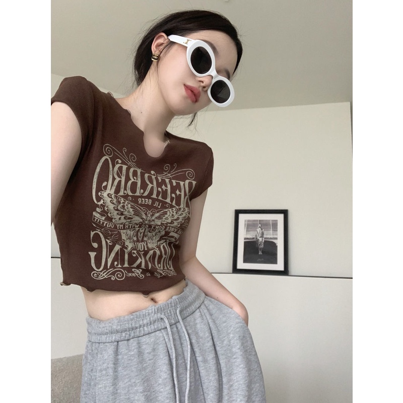 Áo Thun Ngắn Hở Rốn Dáng Ôm In Họa Tiết Vintage Thời Trang Mùa Hè Hàng Mới Dành Cho Bạn