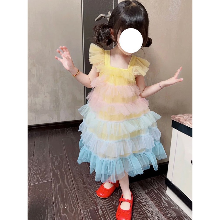 Đầm Xòe Xếp Tầng Vải Tuyn Màu Cầu Vồng Dễ Thương Thời Trang Mùa Hè Cho Bé Gái