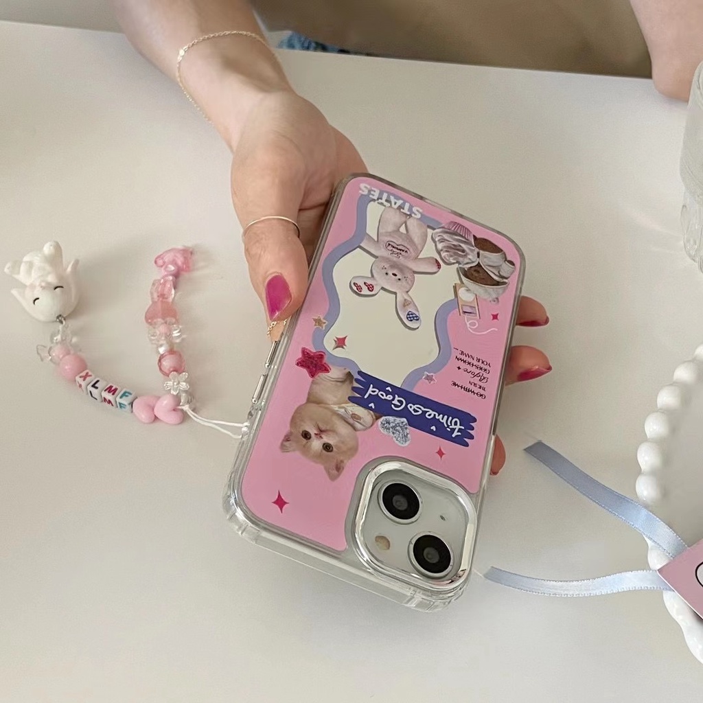 Ốp Điện Thoại Họa Tiết Thỏ Hồng Chất Lượng Cao Gắn Gương Và Dây Đeo Cho iPhone 14 12 13 11 Pro Max