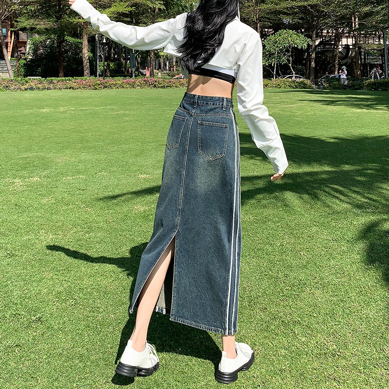 High waist denim skirt for women 2023 retro A- line mid-length slimming contrast color split hip skirt DKRR