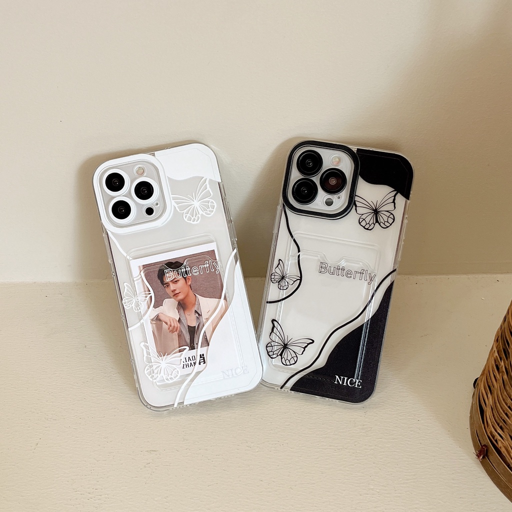 Ốp Điện Thoại Tpu Mềm Trong Suốt Có Ngăn Đựng Thẻ In Hình Bướm Cho iPhone 14 13 12 11 Pro XS Max 7 8 Plus