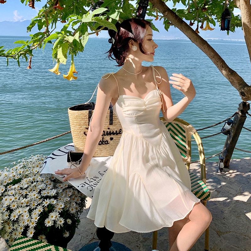 Đầm 2 dây màu trắng dự tiệc đi biển babydoll ngắn LUHAZO thiết kế chiết eo cúp nâng ngực che khuyết điểm tố V-30