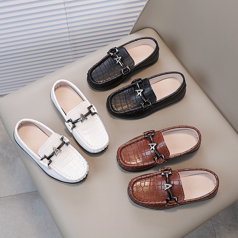 Giày Lười Da Đế Bằng Phối Dây Xích Kim Loại Kiểu Cổ Điển Thời Trang Dự Tiệc Cưới Cho Bé Trai