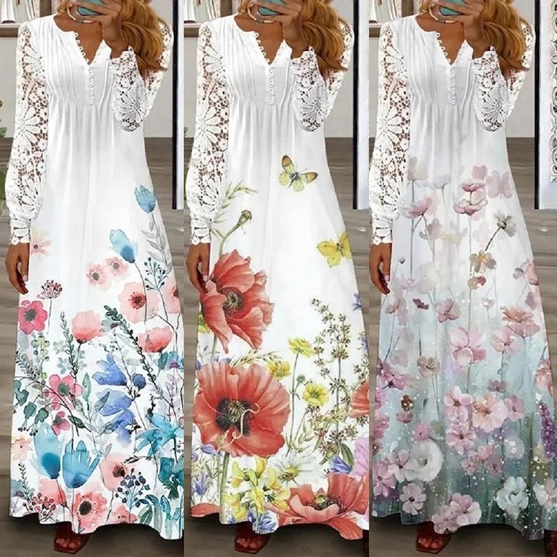 Đầm Maxi Tay Dài Phối Ren Hoa Thiết Kế Cổ Chữ V Thanh Lịch Hợp Thời Trang