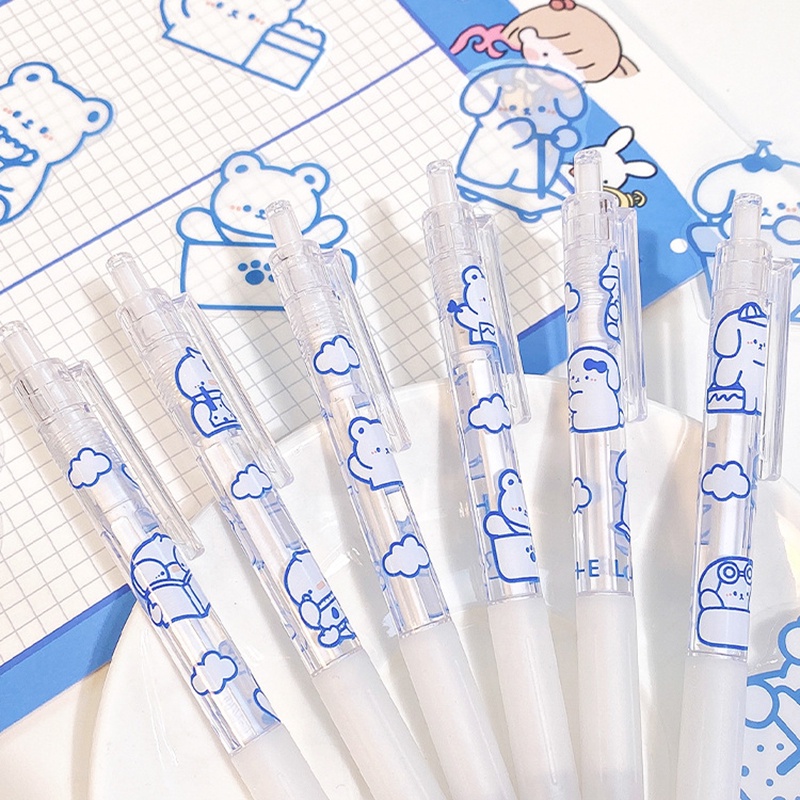 Bút Bi Mực Đen Ngòi 0.5mm Trong Suốt Có Thể Thu Gọn In Họa Tiết Gấu Hoạt Hình