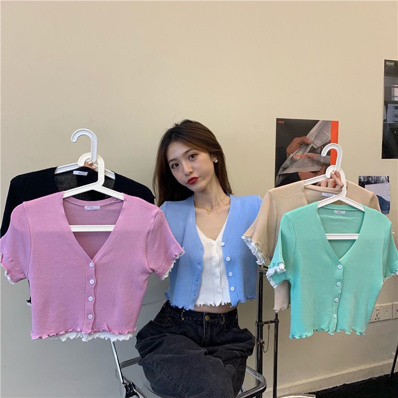 Áo len dệt kim ngắn tay vừa vặn cổ chữ V, áo len đan kiểu cổ điển cho nữ