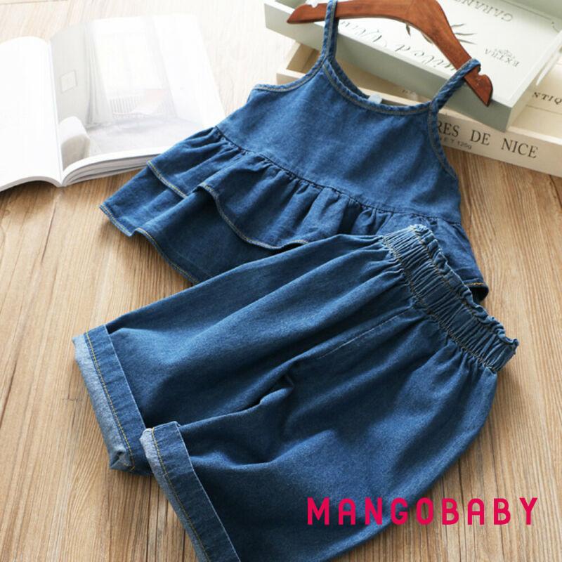 Set Áo Hai Dây Denim + Quần Dài Lưng Cao Ống Rộng Thời Trang Mùa Hè Cho Bé Gái