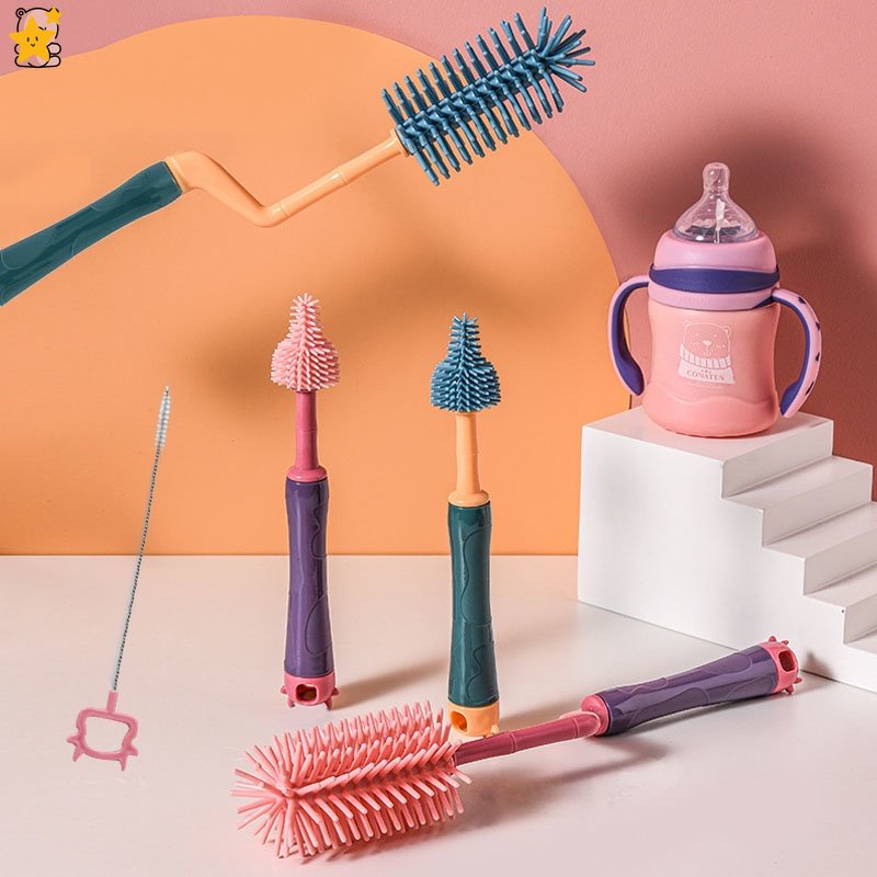 Bộ Dụng Cụ Vệ Sinh Bình Sữa Em Bé Bằng Silicone Xoay 360 Độ Cầm Tay Đầu Mềm Cấp Thực Phẩm YKD JP6