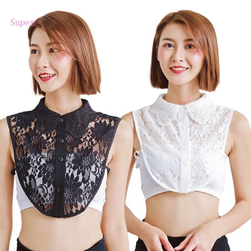 Áo Thun Giả Cổ Bẻ Màu Trắng Đen Tháo Rời Được Phối Ren Hoa Và Cánh Côn Trùng Giả Phong Cách Hàn Quốc Cho Nữ