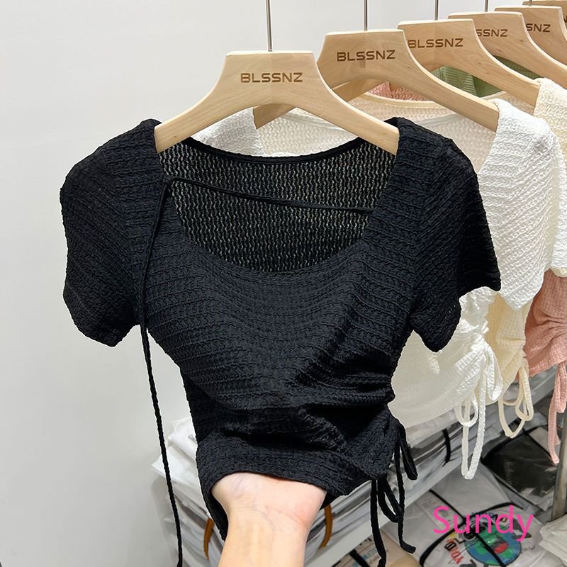 Áo Thun Ngắn Tay Cổ Vuông Dáng Rộng Phối Dây Rút Lệch Tà Kiểu Phương Tây Thời Trang Mùa