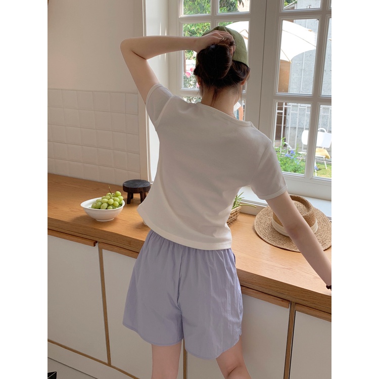 SUXI Áo Thun Tay Ngắn Màu Sắc Đơn Giản Thêu Họa Tiết Phong Cách Hàn Quốc Cho Nữ