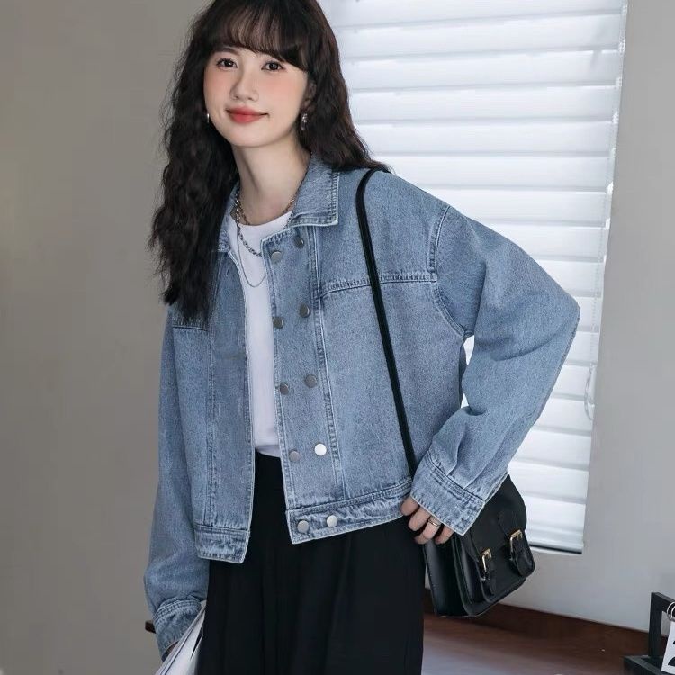 Áo Khoác Denim Ngắn Tay Dài Hai Hàng Nút Cài Phong Cách Hàn Quốc Thời Trang Mùa Thu Hàng Mới Dành Cho Bạn Nữ