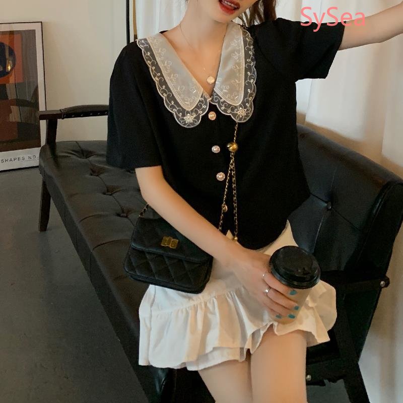 Plus Áo Sơ Mi Ngắn Tay Cổ Búp Bê Kèm Quần Ngắn Thiết Kế Thời Trang Pháp Cho Nữ