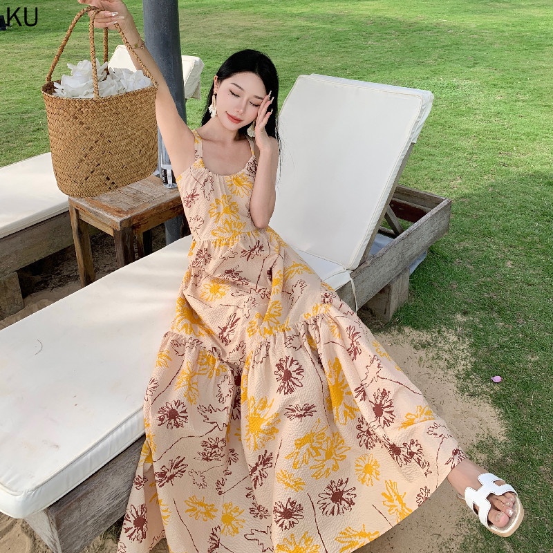 Hàng Mới Về Đầm Dài Đi Biển Mùa Hè 2023 Hai Dây In Họa Tiết Thắt Nơ Kích Thước Lớn Dễ Phối Đồ