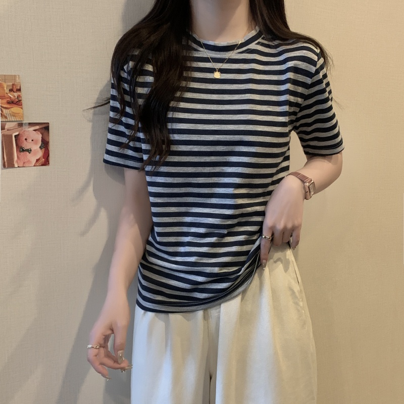 SUXI Áo Thun Tay Ngắn Cổ Tròn Dáng Rộng Họa Tiết Kẻ Sọc Thời Trang Mùa Hè Vintage Cho Nữ