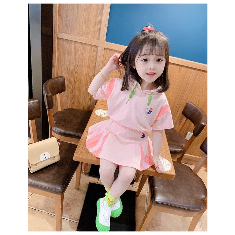 Set Áo Thun Ngắn Tay Có Mũ + Chân Váy Ngắn Phong Cách Hàn Quốc Thời Trang Mùa Hè Cho Bé Gái 1-14 Tuổi