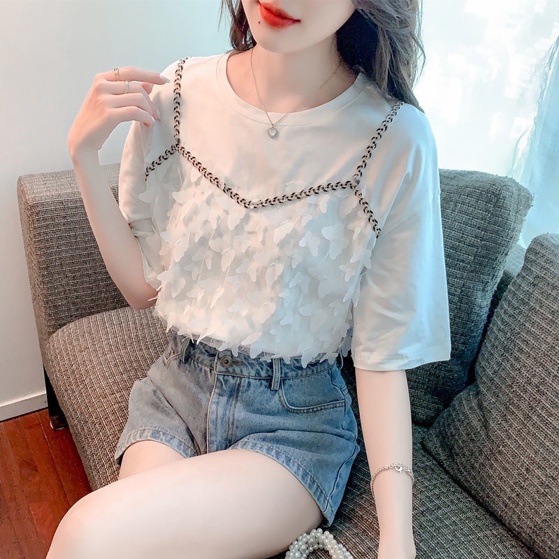 Áo Thun Cotton Giả Hai Mảnh Tay Ngắn Màu Trắng Phong Cách Mới Mùa Hè 2023
