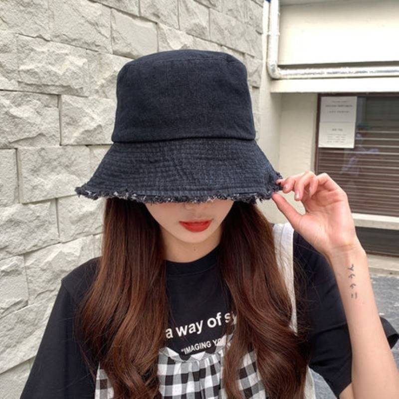 Mũ Bucket Che Phủ Mặt Bằng Vải Denim Sờn Thoáng Khí Thời Trang Xuân Thu Dành Cho Bạn Nữ