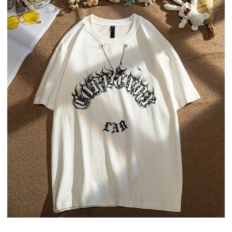 Áo Thun Tay Ngắn In Chữ Và Hình Ngọn Lửa Phong Cách Retro Mỹ Thời Trang Cho Nam Và Nữ