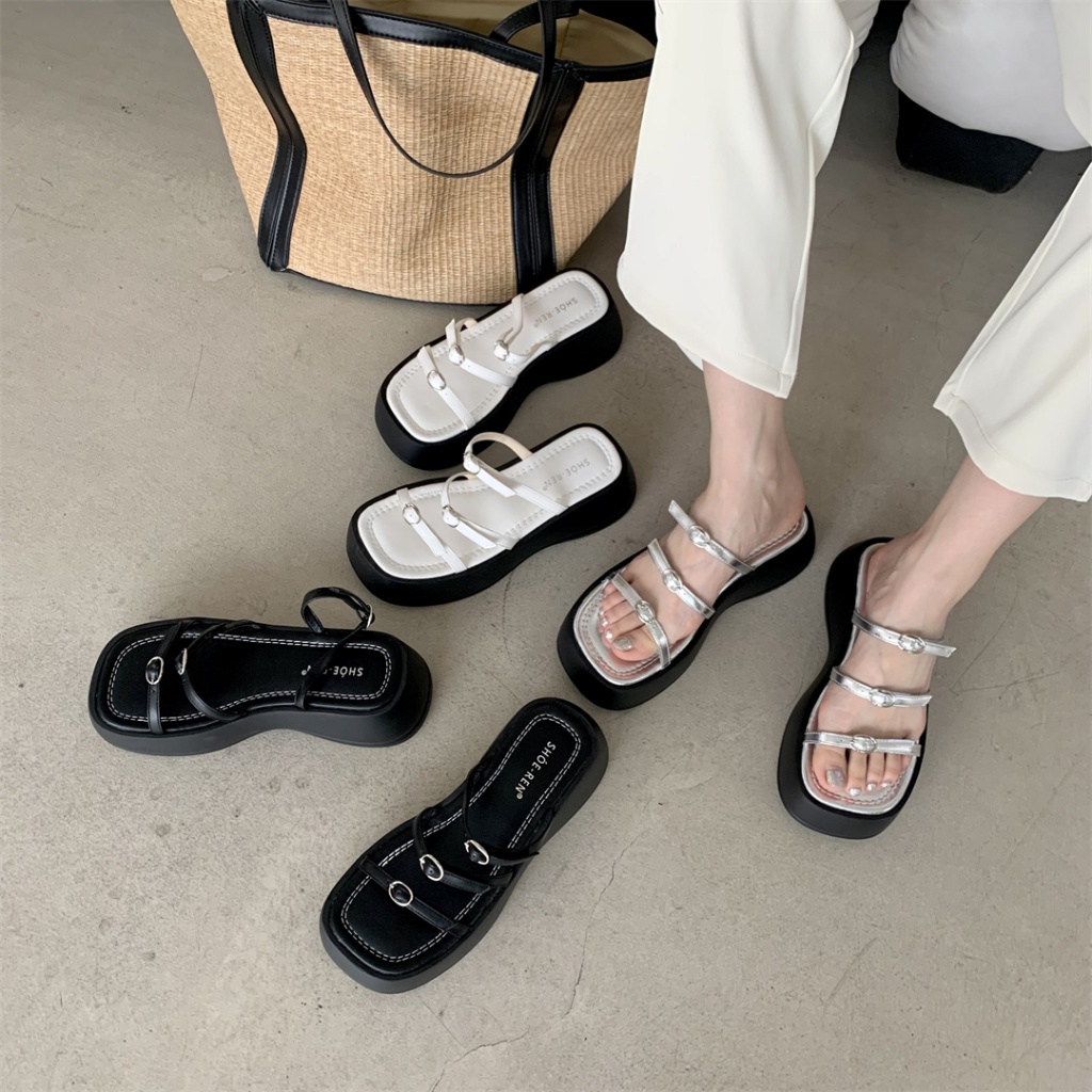 Giày Sandal Đế Dày Tăng Chiều Cao Phối Khóa Thời Trang Mùa Hè 2023 Cho Nữ