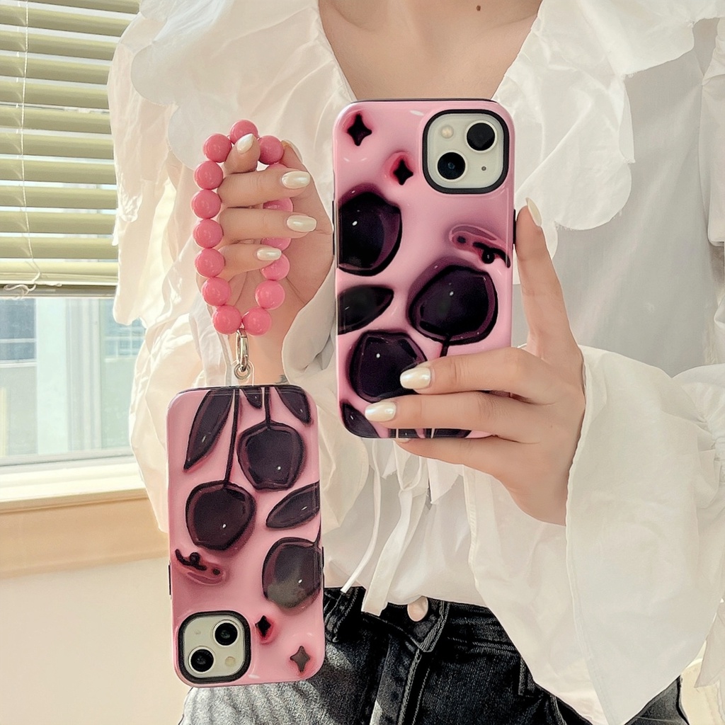 Ốp Điện Thoại TPU Dẻo Họa Tiết Hoa Tulip Đen Kèm Dây Đeo Ngọc Trai Chống Rơi Cho iPhone 14 13 12 11 Pro Max