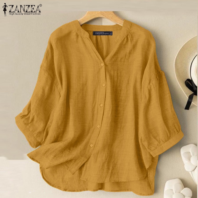 Áo sơ mi ZANZEA tay lửng cổ chữ V dễ phối đồ thời trang Hàn Quốc cho nữ