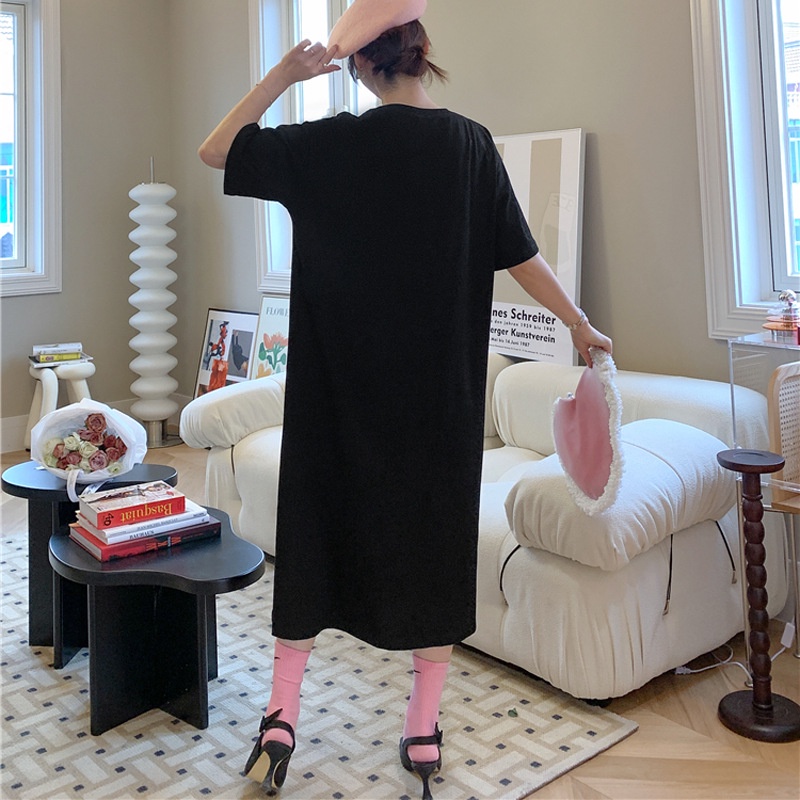 IELGY     xiaoxiang Đầm Dáng Suông Rộng Màu Đen In Họa Tiết Cổ Điển Cho Nữ