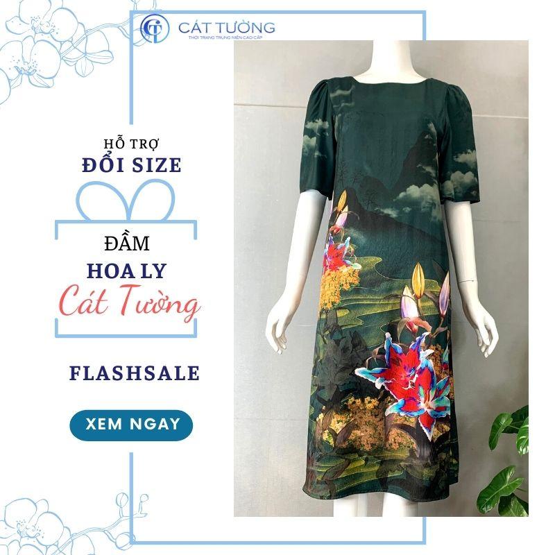 Đầm kiểu thiết kế sang trọng màu xanh trầm lạ mắt tặng bà, tặng mẹ Đầm hoa ly - Thời trang Cát Tường