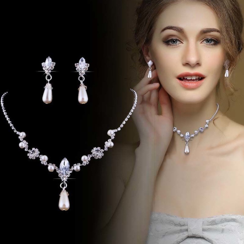 Bộ Vòng cổ + Bông Tai Đính Kim Cương Giả Hình Giọt Nước & Ngọc Trai Cá Tính