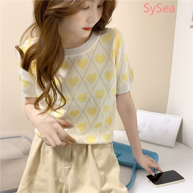 Áo Dệt Kim Cổ Tròn Họa Tiết Trái Tim Thời Trang Mùa Hè Pháp Cho Nữ