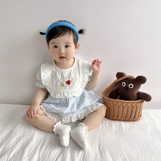 Bé Kẻ Sọc Quấn Đáy May 0-2 Tuổi Mùa Hè Hoạt Hình Thêu Cổ Bé Gái Tay Ngắn Quấn Đáy Váy Quần Áo Cho Bé