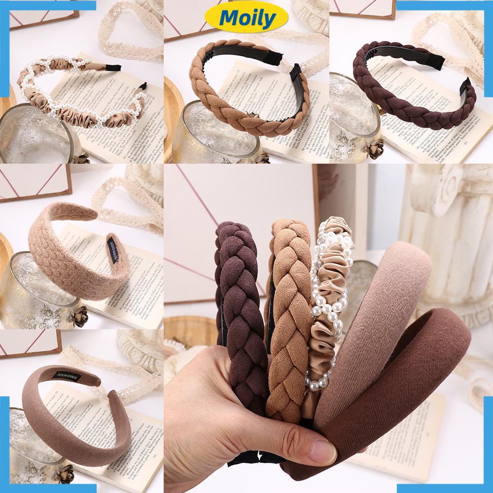 Băng Đô Cài Tóc Bản Rộng Bằng Vải Dệt Kim Co Giãn Màu Trơn Đính Ngọc Trai Thời Trang Cho Nữ