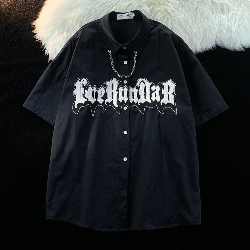 Áo Sơ Mi Nam Tay Ngắn Dáng Rộng Có Thêu Họa Tiết Phong Cách Đường Phố Mỹ