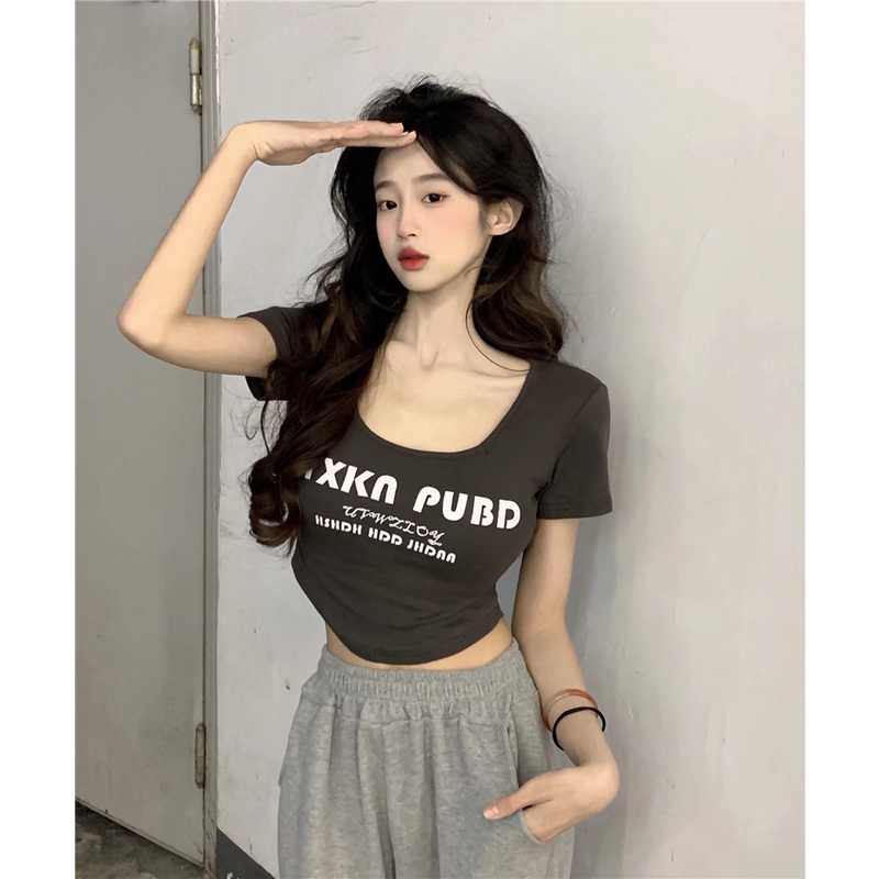 Xiaozhainv Áo Croptop Tay Ngắn Cổ Vuông In Họa Tiết Phong Cách Retro Quyến Rũ Cho Nữ