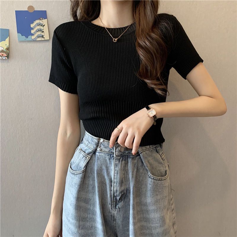Áo Thun croptop Dệt Kim Tay Ngắn Cổ Tròn Dáng Ôm Thời Trang Mùa Hè Hàng Mới 2023 Dành Cho Bạn Nữ