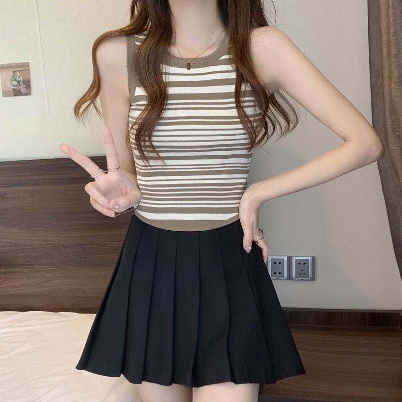 Áo Hai Dây Dệt Kim Dáng Ngắn Họa Tiết Kẻ Sọc Thời Trang Cho Nữ