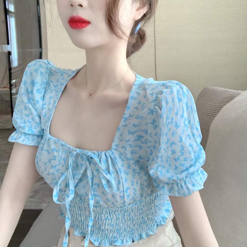 IELGY     Áo Thun Tay Phồng In Họa Tiết Bươm Bướm Dễ Thương Phong Cách Pháp Thời Trang Cho Nữ