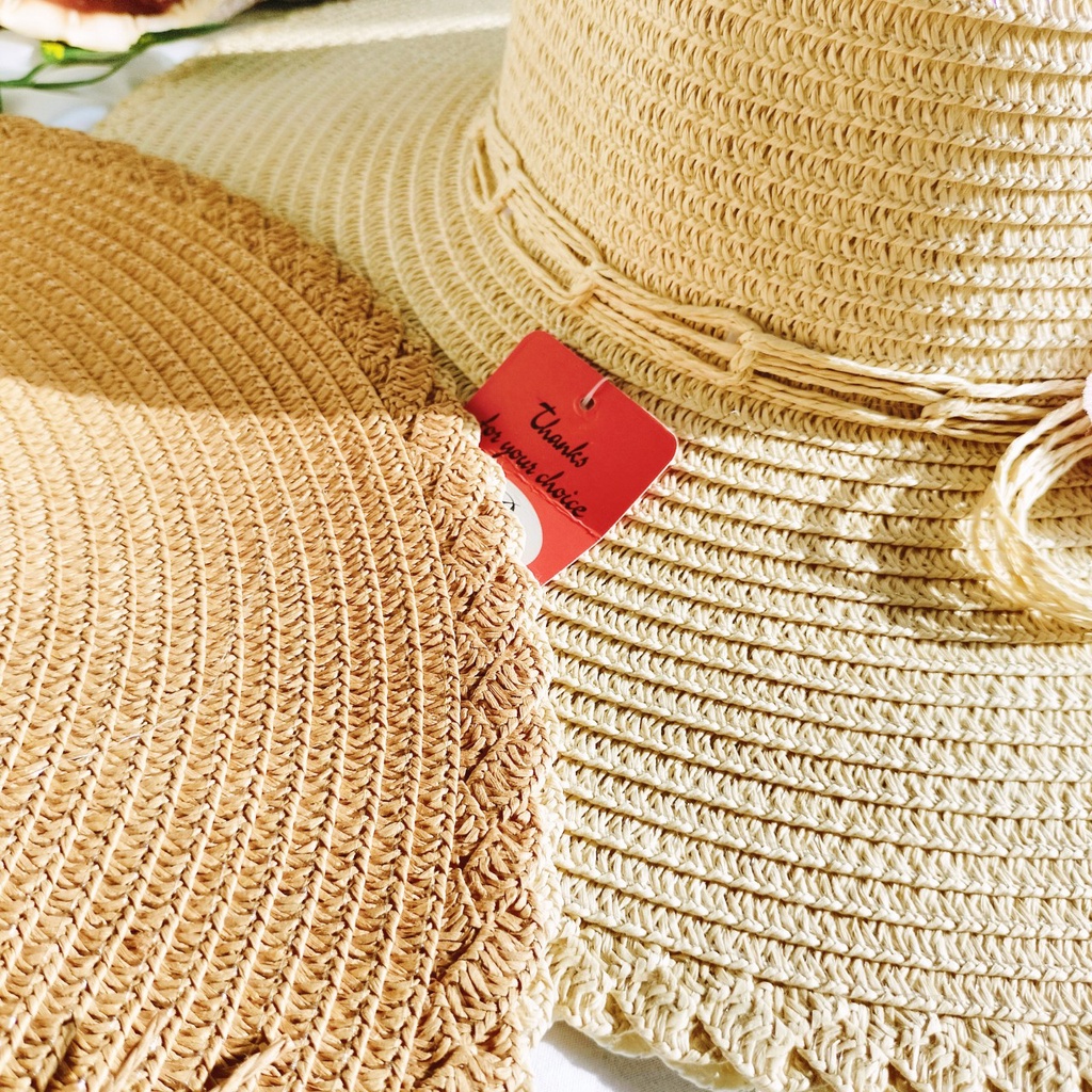 Nón cói, Mũ cói đi biển nữ vành to đẹp gắn hoa vintage -hoa to nhiều màu