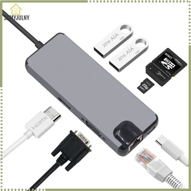 Đầu Chuyển Đổi RJ45 8 Cổng USB C HDMI VGA LAN Ethernet RJ45 Cho Mac Book Pro Type C Hub Card Reader 2 USB 3.0 Type-A + Type-C
