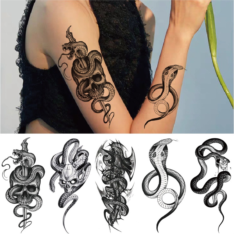 Snake Waterproof Tattoo Sticker For Men And Women Domineering Horror Flower Snake Skeleton Water Transfer Fake Tattoos Body Art Cool Makeup