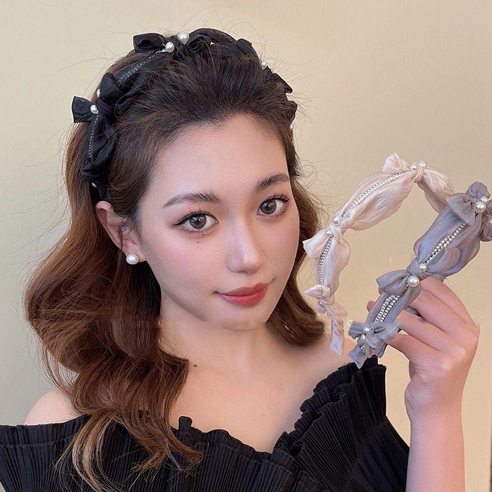 ANEMONE Băng Đô Rửa Mặt Trang Điểm Vải Lưới Mỏng Đính Nơ Kiểu Retro Dễ Thương Cho Bạn Gái