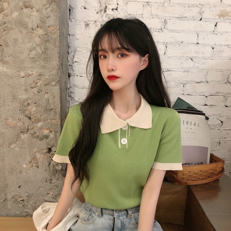 LENBACH Lụa Băng Áo Len Dệt Kim Tay Ngắn Thiết Kế Cảm Giác Thích Hợp Áo Thun Nữ Sinh Viên Cao Cấp Cổ Polo Top
